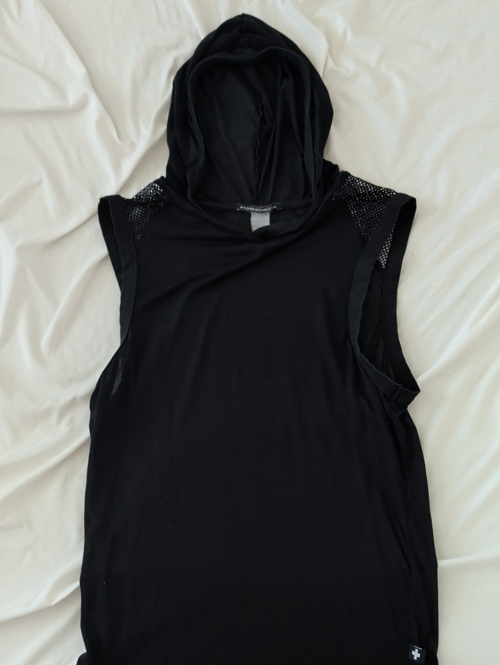 Andrew Christian Black Sleeveless Hooded Tank with Mesh Shoulders